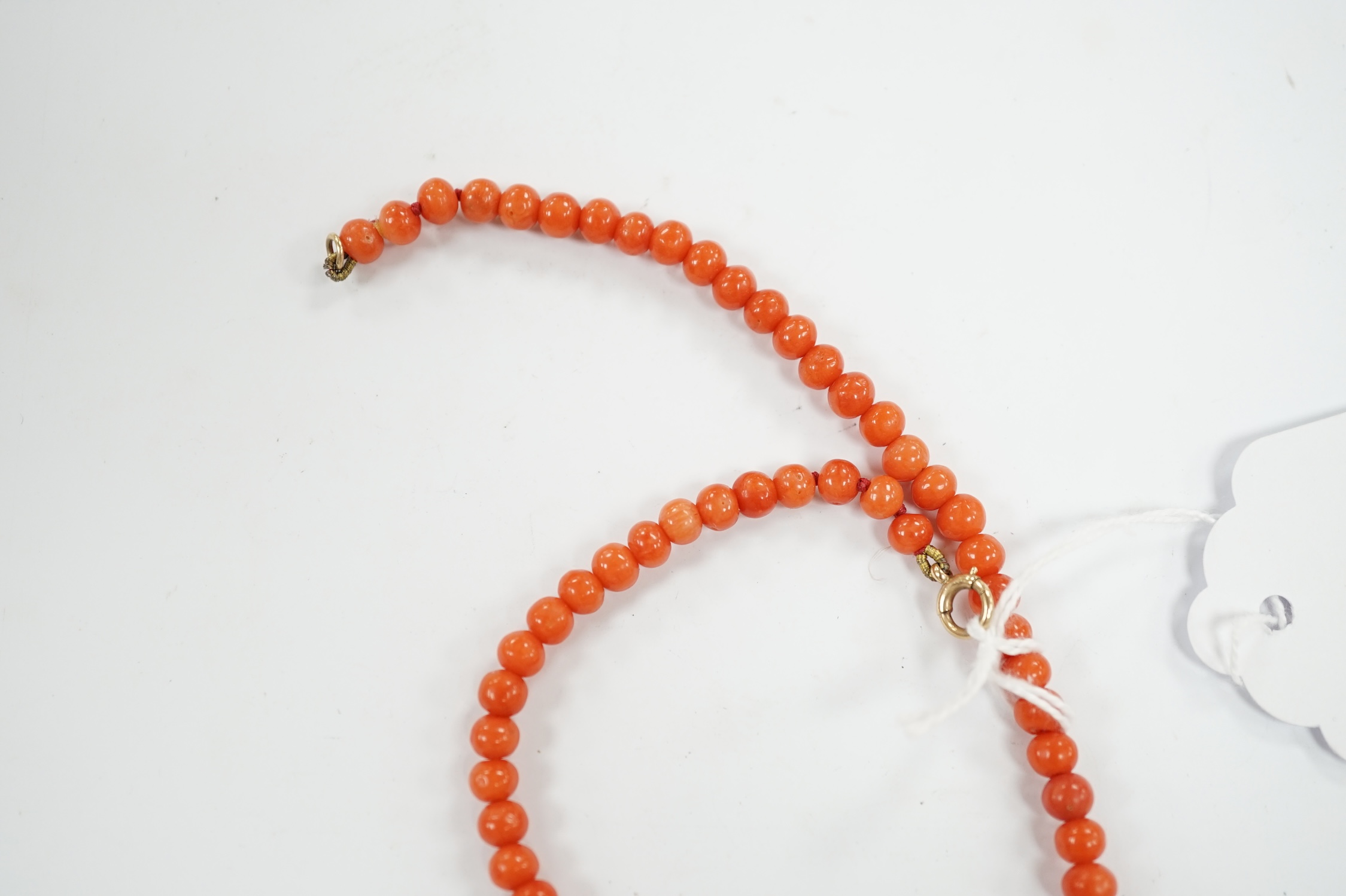 A single strand graduated coral bead necklace, with 9c clasp, 46cm. Condition - fair